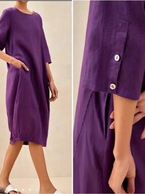 Lintico Sofia 100% linen purple midi length 3/4 sleeve dress